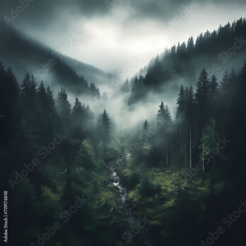 Atmospheric fog rolling through a forest