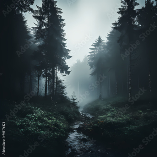 Atmospheric fog rolling through a forest
