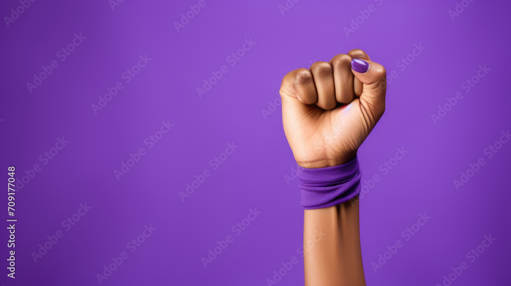 Fototapeta premium International women's day. African american young woman fist raised with purple bracelet over purple background with copy space