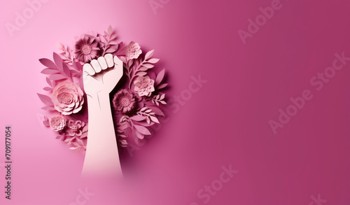 Feminist symbol. Female fist raised surrounded by flowers over pink background with copy space photo