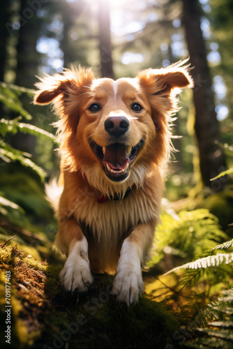 Happy dog on a hiking trail in summer. Adventures with your dog