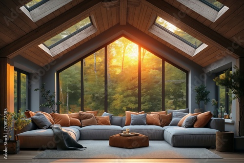 Interior of cozy living room with large skylights in frontal perspective. Real estate design