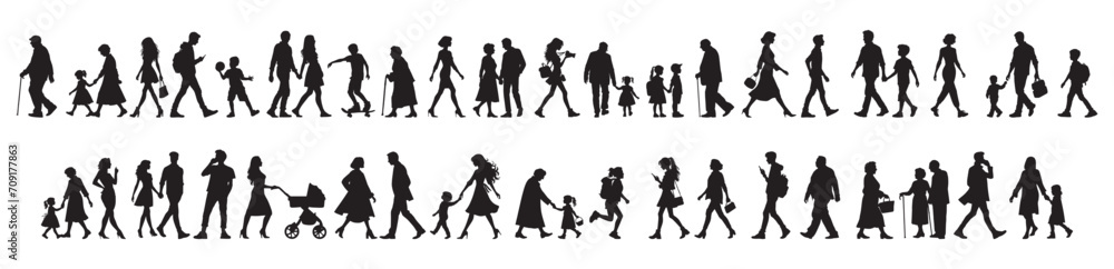 vector illustration. silhouettes of people walking along the street. Large set of characters of different ages.