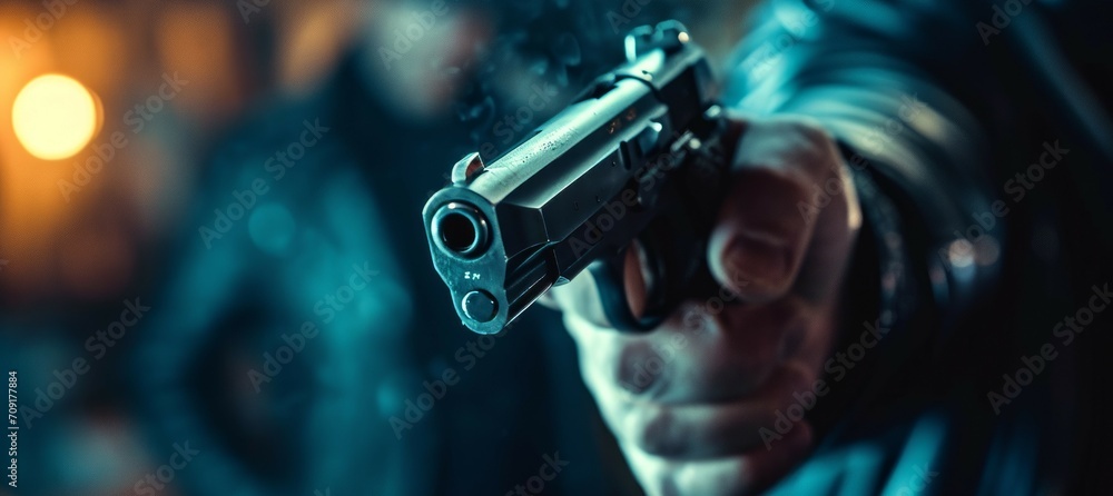 pointing a gun at the target on dark background, selective focus on front gun pointing a gun at the target on dark background, selective focus on front gun