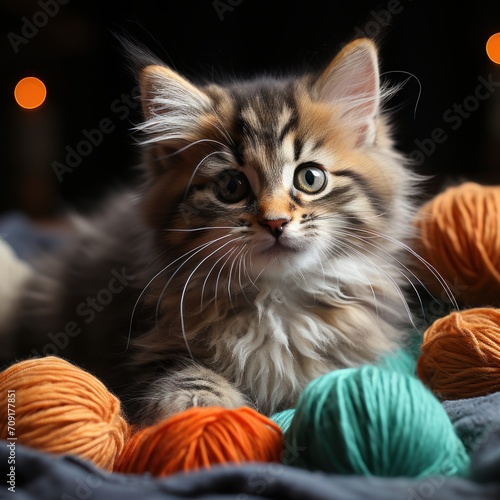 Photo of a playful tabby kitten with a yarn ball. Generative AI