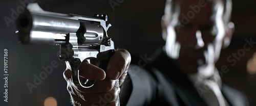 pointing a gun at the target on dark background, selective focus on front gun photo