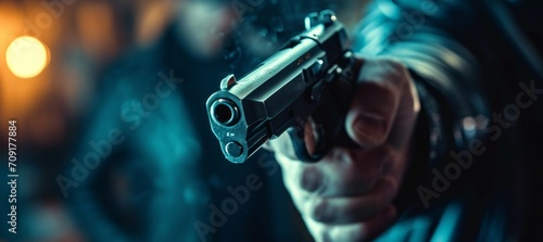 pointing a gun at the target on dark background, selective focus on front gun photo