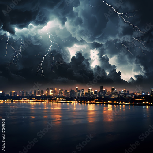 Dramatic thunderstorm over a cityscape