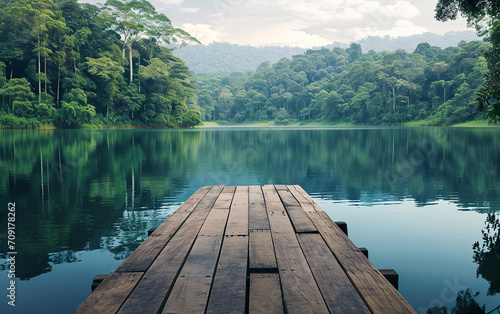 Idyllic Dockside Haven: A Photo Highlighting a Petite Pier Nestled in a Verdant Forest photo