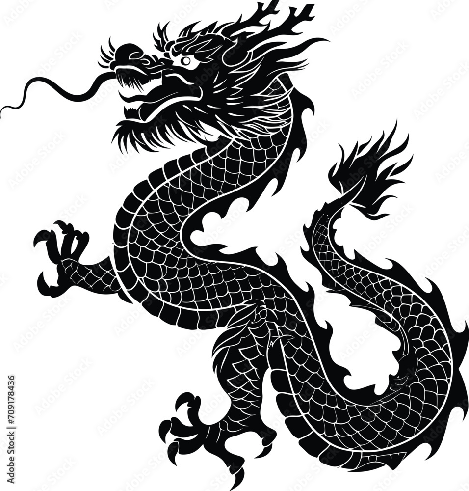 Silhouette asian dragon full body black color only Silhouette asian dragon full body black color only