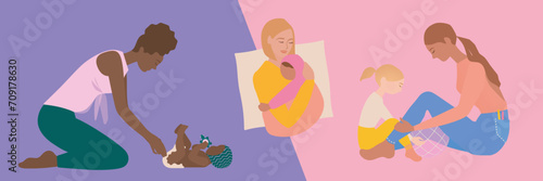 Three mothers caring for their children vector banner illustration