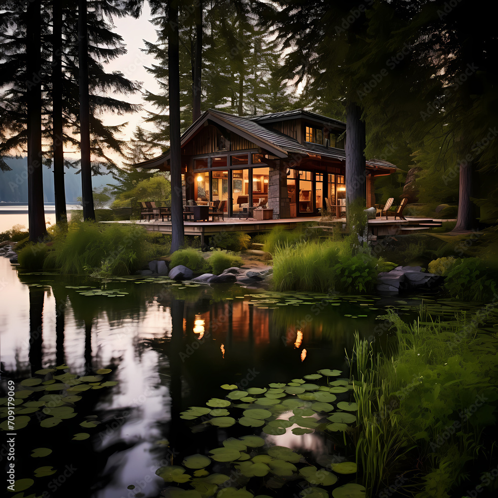 Tranquil lakeside cabin in summer