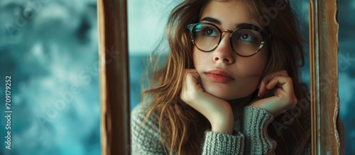 Pensive woman contemplating with empty frame and perplexing thoughts. photo