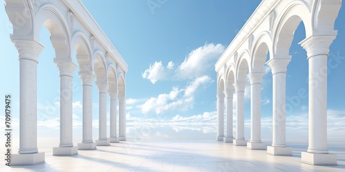 a traditional colonnade and portal under a blue sky. photo