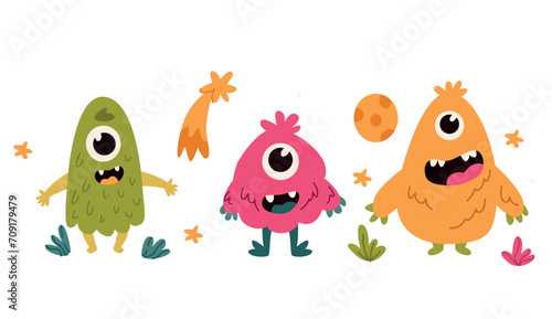 Cute monsters with different emotions. Vector illustration in cartoon style.