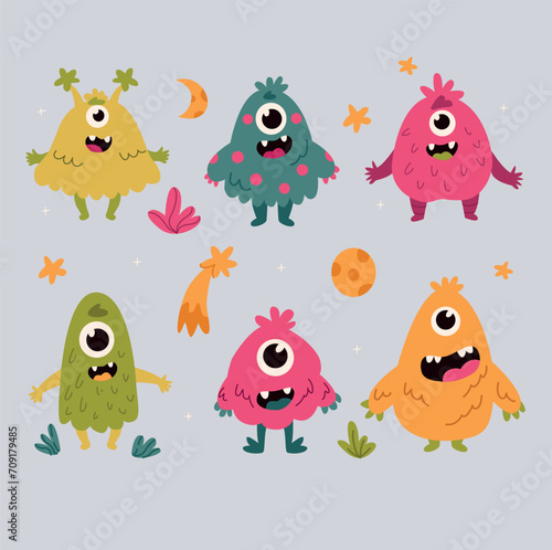 Set of cute cartoon monsters isolated on grey background. Vector illustration.