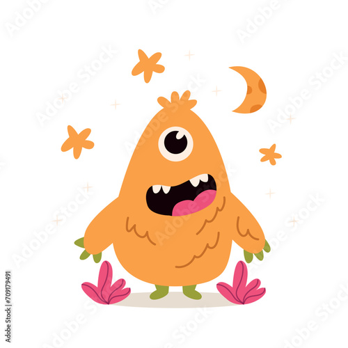Cute cartoon monster with moon and stars. Vector illustration in flat style.