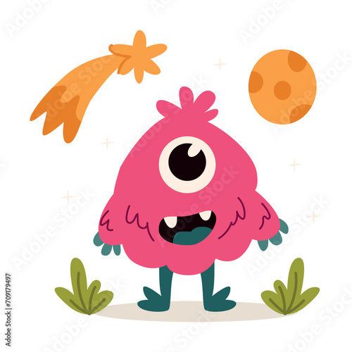 Funny monster vector illustration. Cute cartoon monster character in flat design.