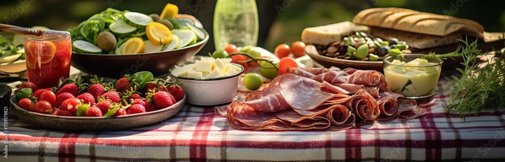 Picnic, food catering with assortment of food and light snacks, summer decor on green grass background. Concept: outdoor recreation, delicious food. Romantic lunch with scenery Picnic, food catering with assortment of food and light snacks, summer decor on green grass background. Concept: outdoor recreation, delicious food. Romantic lunch with scenery