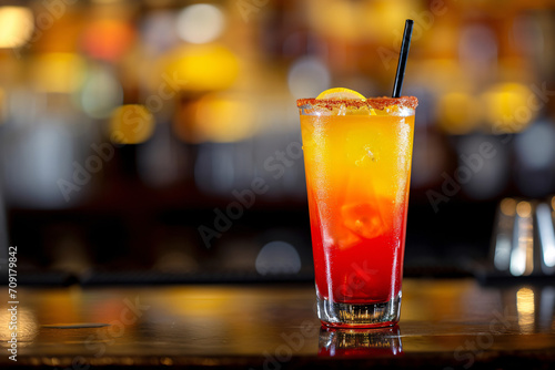 A tequila sunrise alcoholic drink at a bar close-up