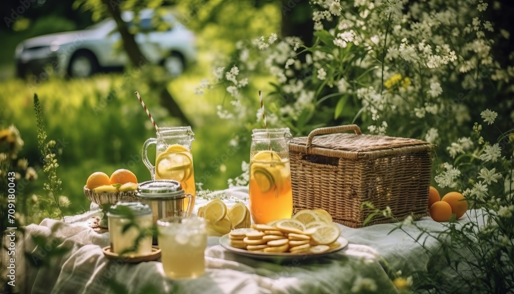 Summer picnic with lemonade in a glass decanter, glasses of drink, plate with grapes and toast on a wooden tray located on a white blanket among green grass. catering with various food and drink