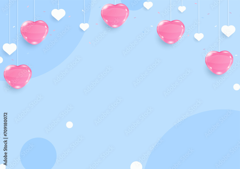 Heart balloons and paper on blue background