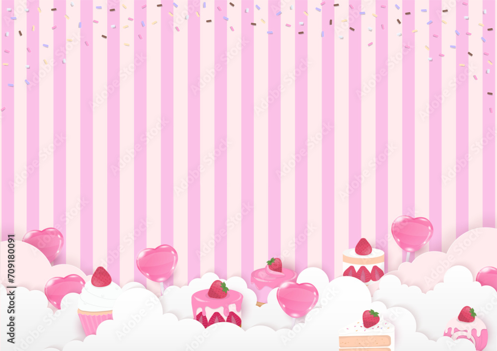 Heart candy with cake on striped background Heart candy with cake on striped background