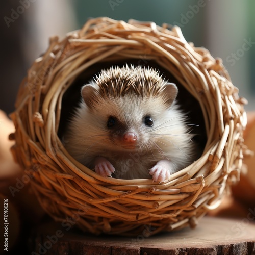Photo of a tiny hedgehog curled up in a ball. Generative AI