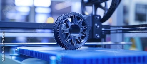 Silver-gray filament on blue print tape, viewed on print head, print bed, and chamber, with blurred background - FDM printer manufactures spur gears.