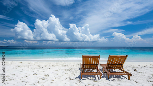 Empty beach chairs at an empty beach, summer vacation, travel vibes, vacation plans © Dennis