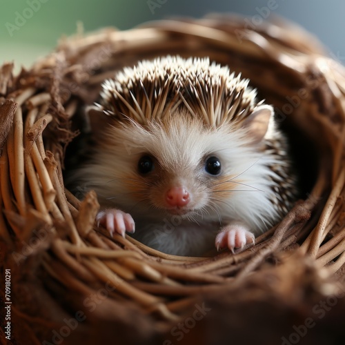 Photo of a tiny hedgehog curled up in a ball. Generative AI photo