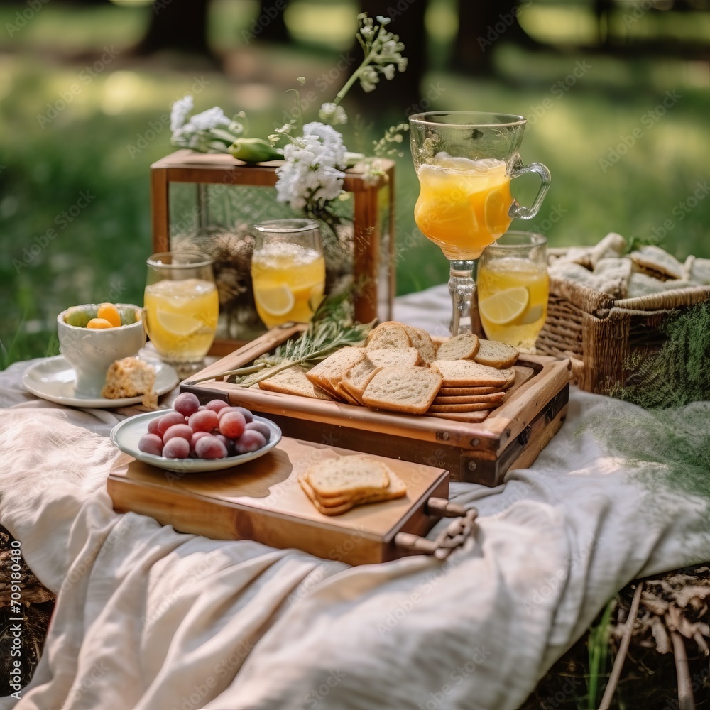 Summer picnic with lemonade in a glass decanter, glasses of drink, plate with grapes and toast on a wooden tray located on a white blanket among green grass. catering with various food and drink