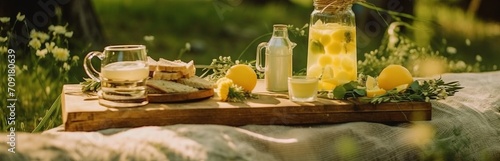 Picnic in the forest at the dining table, catering with an assortment of food and light snacks, summer decor against the backdrop of green grass. Concept: outdoor recreation, delicious food.
