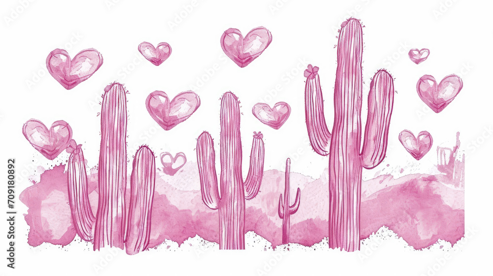 Graphic banner of pink saguaro cactus, desert scene. Line art drawing