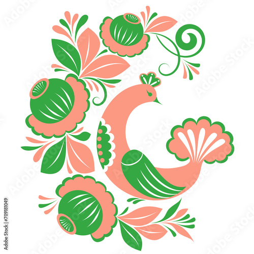 Fototapeta Naklejka Na Ścianę i Meble -  Decorative ornament with flowers, curls, bird, leaves, pink green white color on a white isolated background. Floral design element.