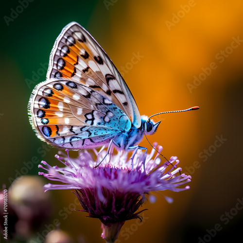 Macro shot of a butterfly perched on a flower. © Cao