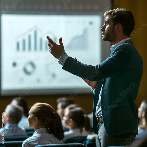 Man giving a lecture in front of a audience. He is presenting a subject with the help of a blackboard full of charts and stock market indicators. Professional expert teaching others. 