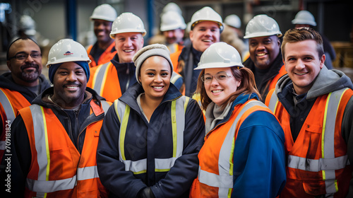 Portrait of a diverse and multicultural group of people, workers, happily smiling. They wear work clothes and helmets. 