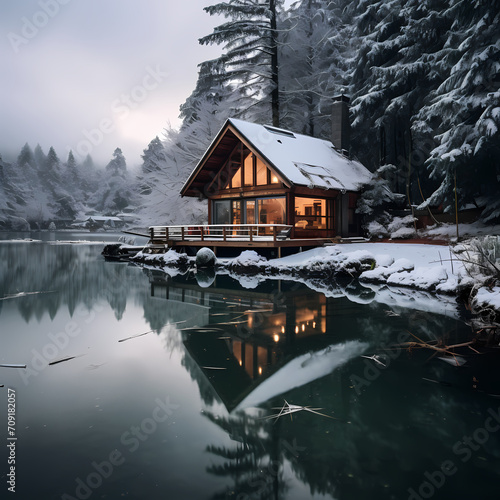 Peaceful lakeside cabin in winter