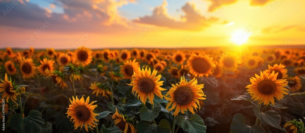 Sunflowers in a vast field at sunset under the open sky.