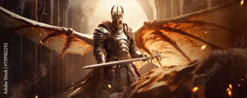 Valiant knight in full armor is ready for battle, wielding long sword, with a dragon-like creature in his arms against backdrop of fiery landscape, gloomy, terrifying towers. Epic fantasy world scene