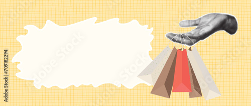 Trendy halftone collage banner with hand holding paper bags. Elements cut out from a magazine. Retro modern design for social media, flyer, banner, poster