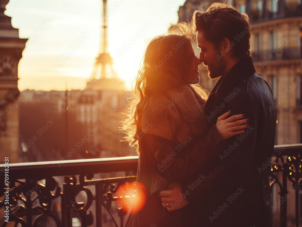 Beautiful romantic couple in Paris near the Eiffel tower at sunset