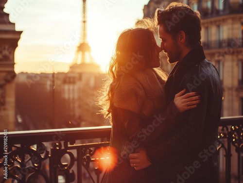 Obraz na płótnie Beautiful romantic couple in Paris near the Eiffel tower at sunset w salonie