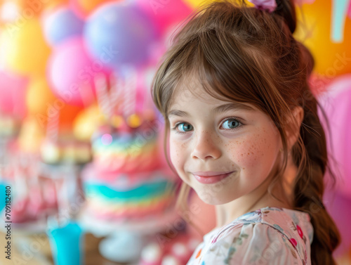 Portrait of a cute little girl with birthday cake and colorful balloons