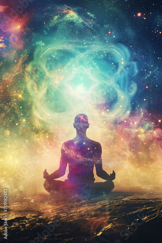 Silhouette of a person meditating in front of the universe, depicting spirituality and the concept of reaching enlightenment