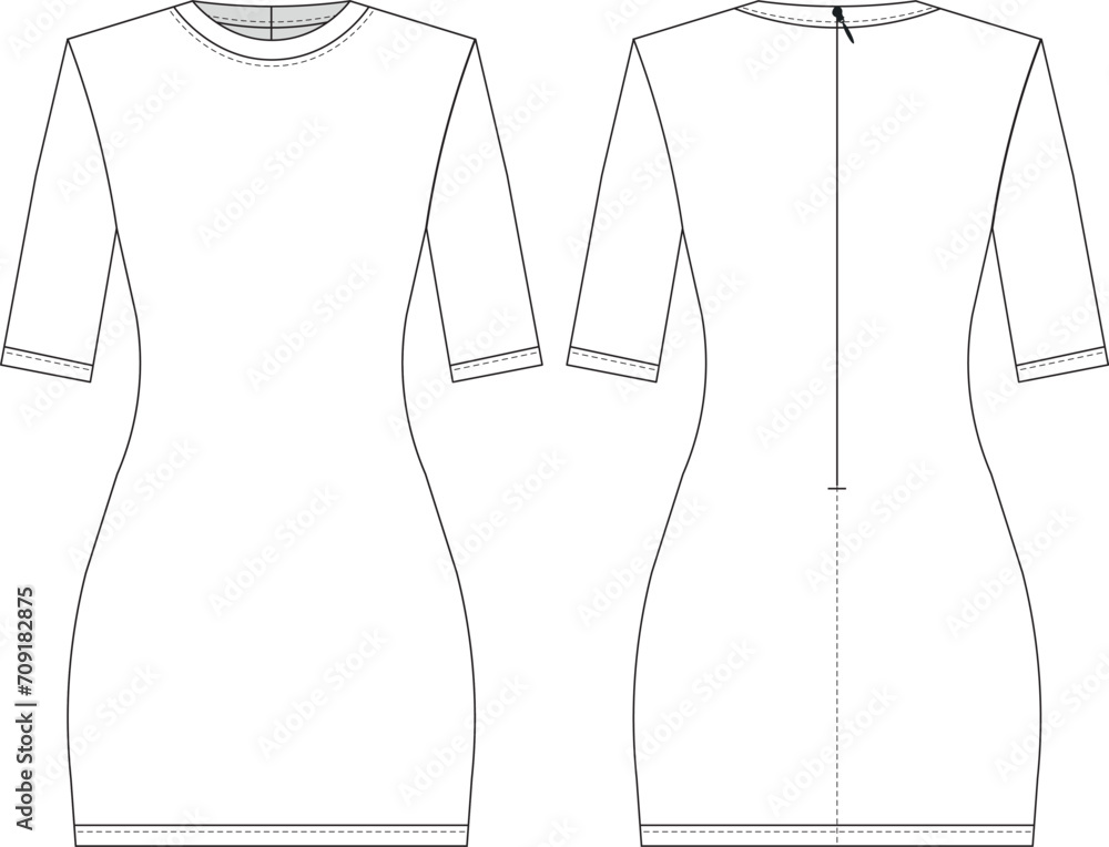 round neck crew neck half 3/4 sleeve bodycon mini dress template technical drawing flat sketch cad mockup fashion woman design style model round neck crew neck half 3/4 sleeve bodycon mini dress template technical drawing flat sketch cad mockup fashion woman design style model