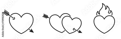 hearts with arrow and flaming heart line icons. love and romantic symbols. vector elements for valentines day design