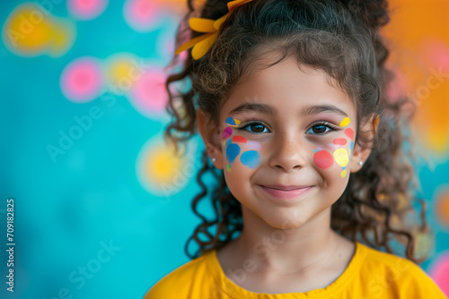 Artist painting face of little girl indoors. little girl having her face painted for kids party. carnival family lifestyle Face painting, headshot close up. A happy little girl painted with colorful  photo