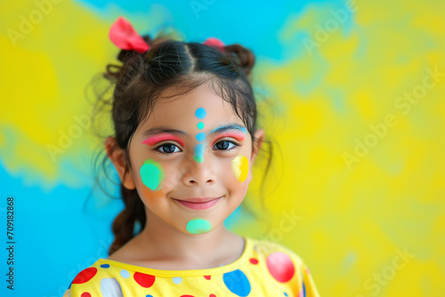 Artist painting face of little girl indoors. little girl having her face painted for kids party. carnival family lifestyle Face painting, headshot close up. A happy little girl painted with colorful 